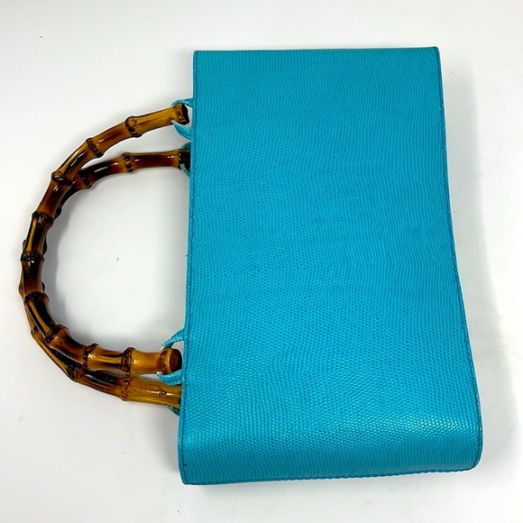 Talbots Vintage 1980s Teal Leather Bamboo Bag - Picture 12 of 16